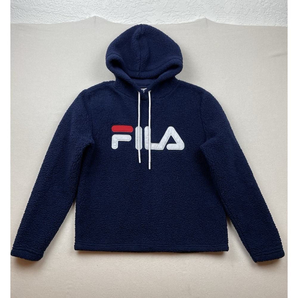 FILA Sherpa Fleece Hoodie Pullover Women's Size US/F XXL‎ Jacket Navy Spell Out